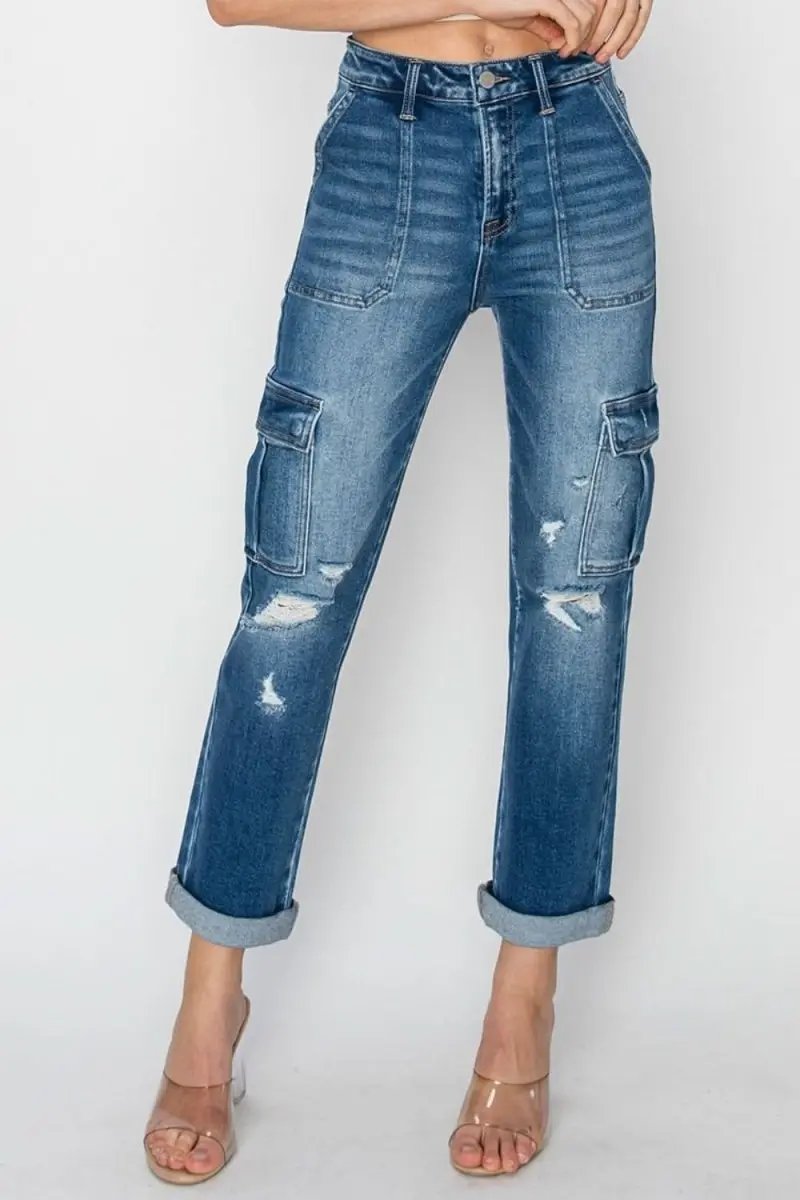 RISEN Full Size High Rise Cargo Ankle Roll Up Straight Jeans - Love Salve
